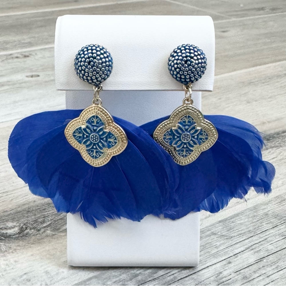 Blue Feather Dangle Earrings - Picture 3 of 3